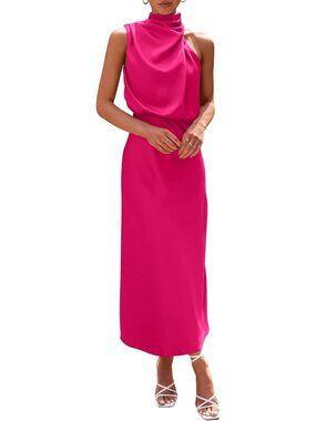 Women's Rose Red Summer Satin Dress Elegant Sleeveless Mock Neck Maxi Dress